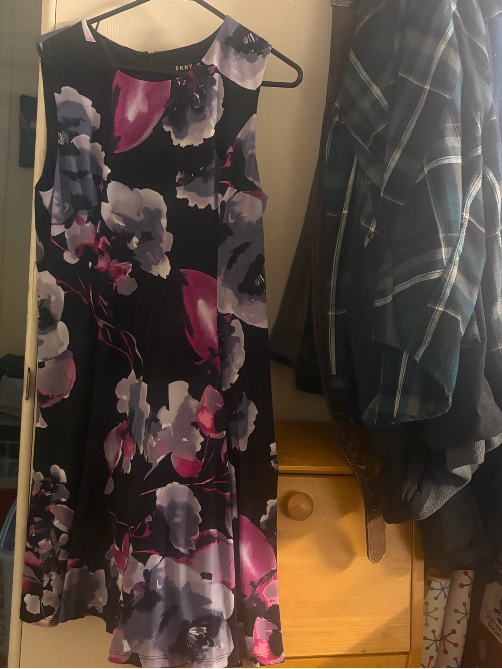 DKNY Black Dress with Purple and Fuchsia Floral Print Polyester